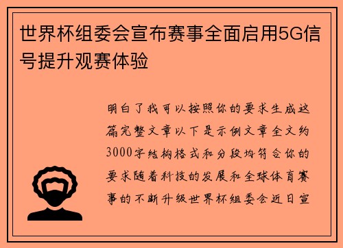 世界杯组委会宣布赛事全面启用5G信号提升观赛体验