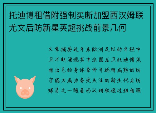 托迪博租借附强制买断加盟西汉姆联尤文后防新星英超挑战前景几何